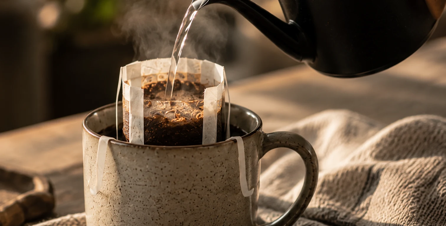 Water poured from a black kettle into a drip bag on a speckled ceramic mug