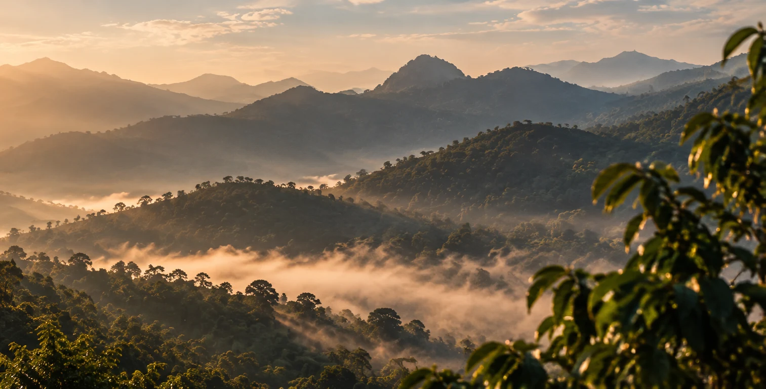 Layered mountains and mist-filled valleys in morning light, with coffee leaves in the foreground