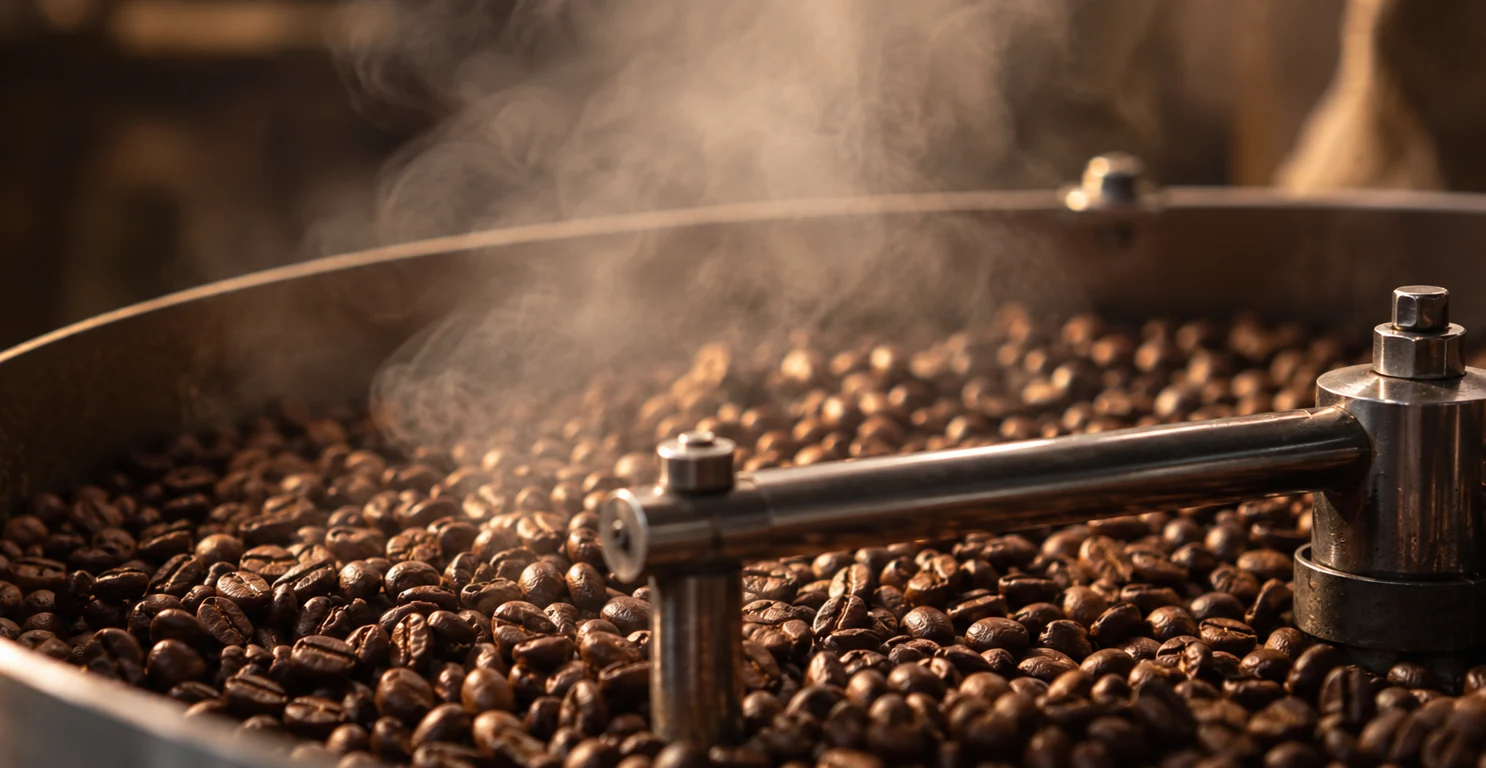 Roasted coffee beans in a roaster drum with a stirring arm and rising steam